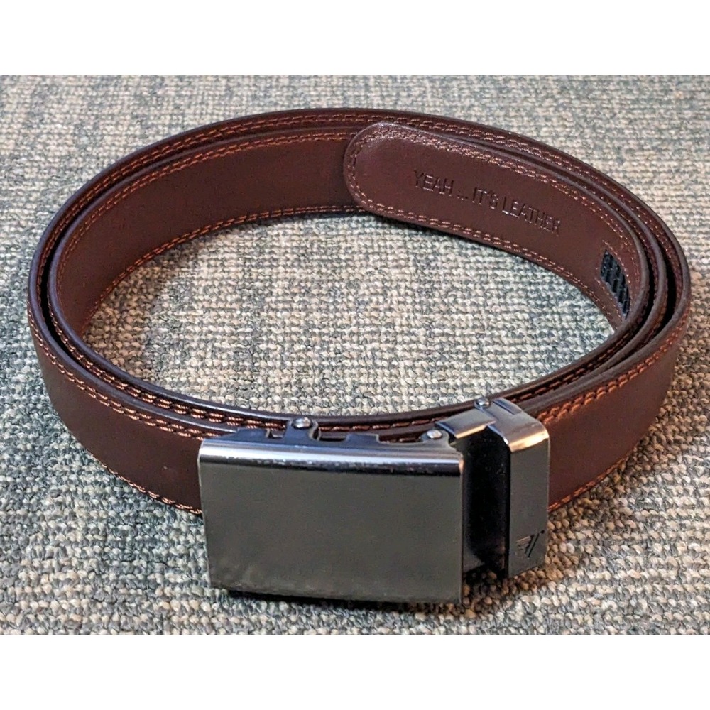 Mission Belt Men's XL Ratchet Belt Brushed Gunmetal Buckle On Brown Leather 40mm